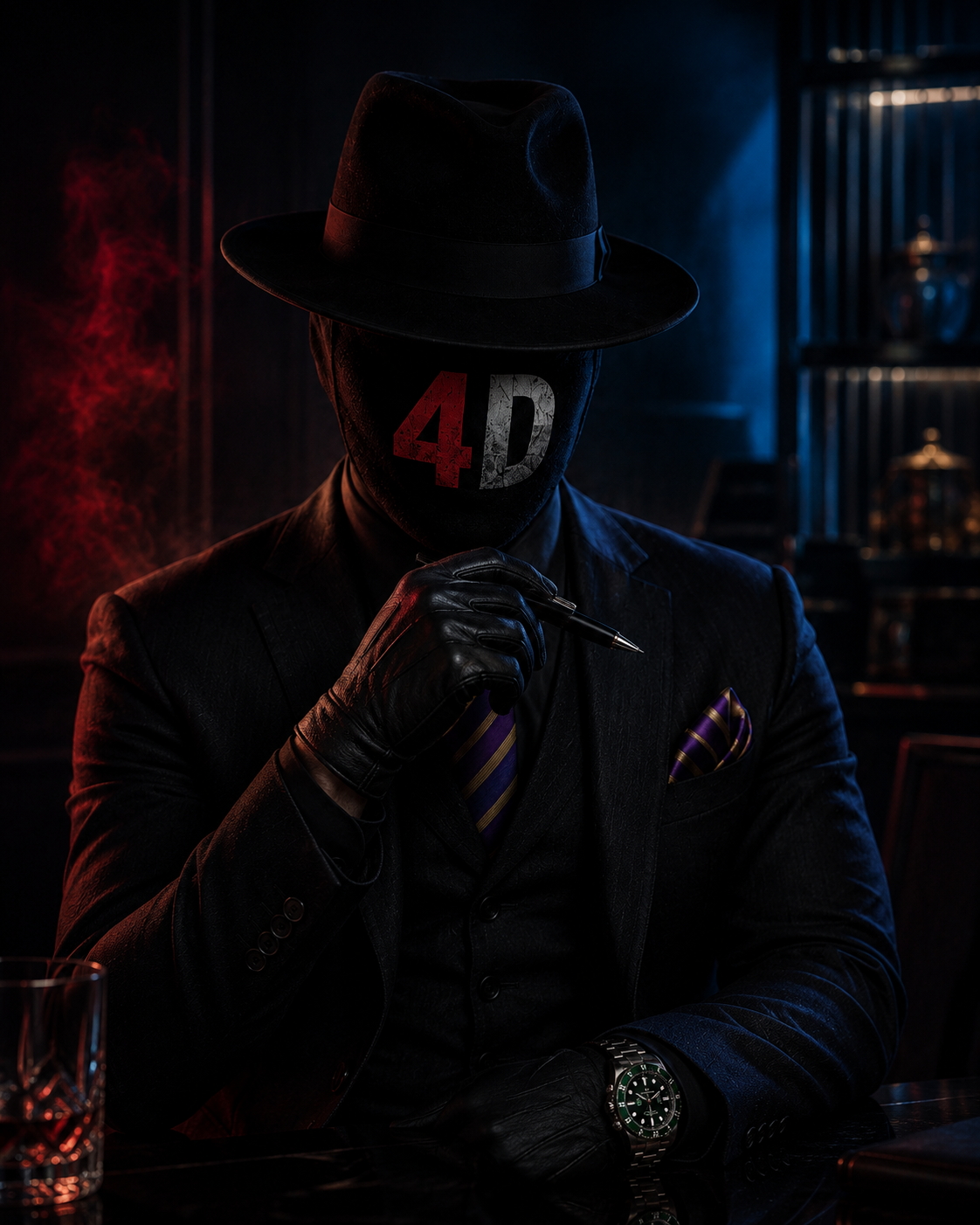 Close portrait of EMCEE4D in dramatic low-key lighting